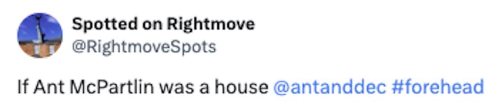 Social media comment on the post of A three-bedroom house in Stanhope, near Newcastle, mocked for resembling Ant McPartlin's forehead, is on sale for £135,000. Spacious lounge, modern kitchen, and a backyard.