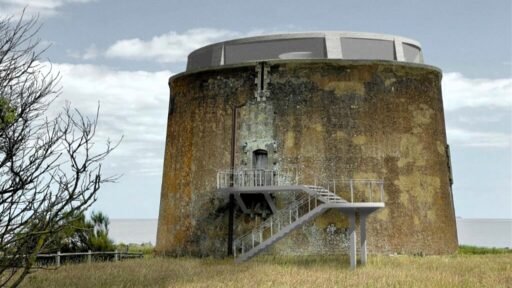 A 19th-century Martello tower in Suffolk, transformed into a quirky home with panoramic North Sea views, is for sale at £450,000. Features 3 bedrooms and a historic gun deck.