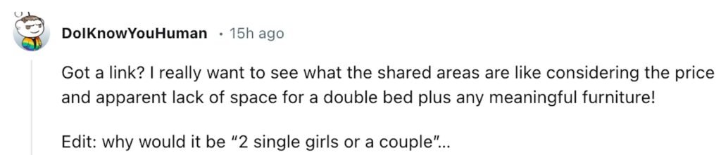 Social media comment on the post of A rental ad for a £1,050/month room in Dunstable, featuring minimal furniture and a mattress on the floor, is ridiculed as "delusional." The room is for two single girls or one couple.