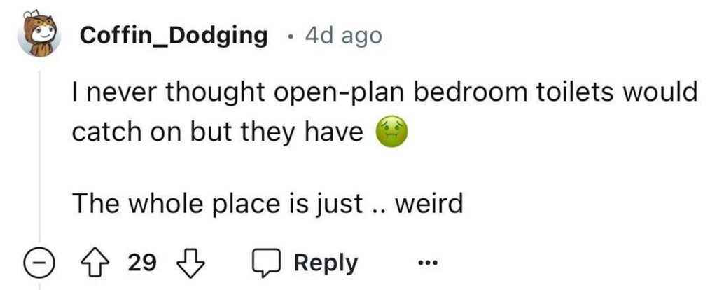 Social media comment on the post of Quirky £124,000 home in Ellesmere, Shropshire features an exposed toilet with no walls or door, charming garden, and unique character, attracting thrill seekers and curious buyers.