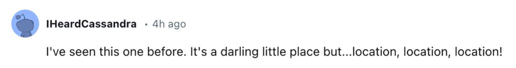 Social media comment on the post of A charming cottage with a unique twist is on the market for £485,000, featuring a front door accessed through a bustling pub garden in Chenies Village, Herefordshire.