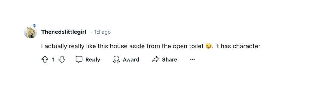 Social media comment on the post of Quirky detached house near Stratford-upon-Avon for sale at £175,000, featuring two bedrooms, a garden, and a unique toilet under the stairs. Auction ends soon!