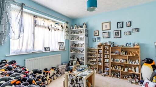 Looking for a quirky home? A three-bed terraced house in Hertfordshire, listed at £575,000, features a penguin-themed bedroom filled with ornaments, teddies, and artwork.