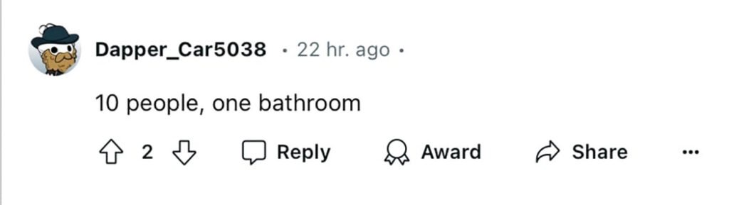 Social media comment on the post of Bizarre Brighton studio flat with pink bunk beds for 10 tenants, one bathroom, and a small kitchenette sparks confusion, renting for £1,295 per month. Perfect for builders or students.