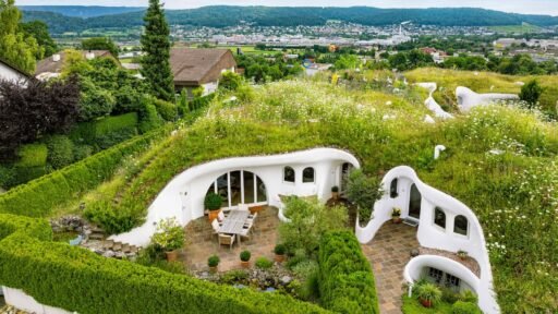 A £2.55m luxury eco home, the 'Earth House', is nearly hidden under grass and vegetation. This sustainable property in Switzerland blends innovative green design with luxury.