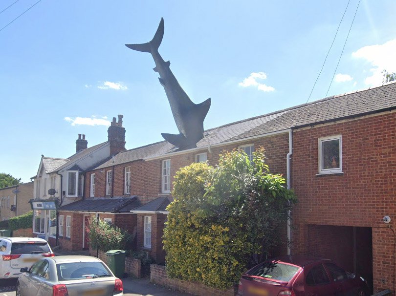 Iconic Oxford Shark House listed for rent at £6,000/month - live in art history with 4 beds, bills included, and a famous 25ft shark sculpture crashing through the roof!