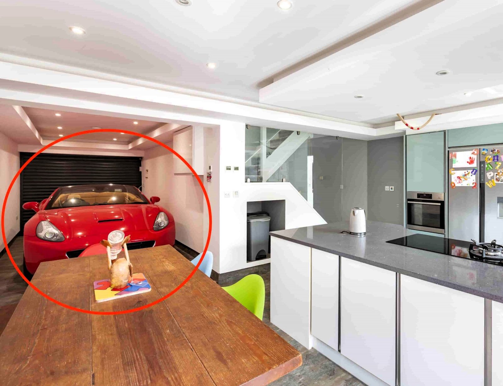 A £585k Whitstable home with a Ferrari parked in the kitchen stuns buyers, but the sleek V12 convertible isn’t included in the sale of this stylish four-bed property.