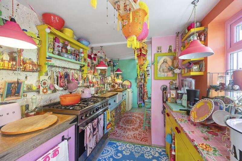 This £625,000 Brighton home stuns with rainbow colors, neon furniture, trinkets galore, and a Polly Pocket vibe that’s anything but boring on Bentham Road.