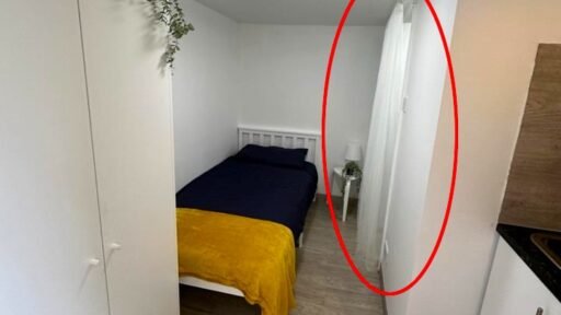 A £750-a-month Canning Town studio with no windows and a curtain for a bathroom door offers minimal space, limited kitchen facilities, and all bills included in rent.