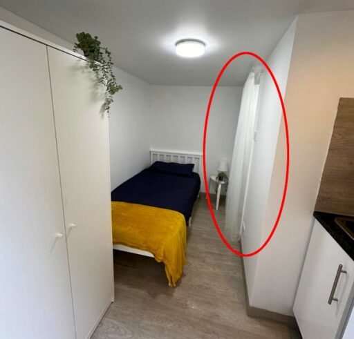 A £750-a-month Canning Town studio with no windows and a curtain for a bathroom door offers minimal space, limited kitchen facilities, and all bills included in rent.