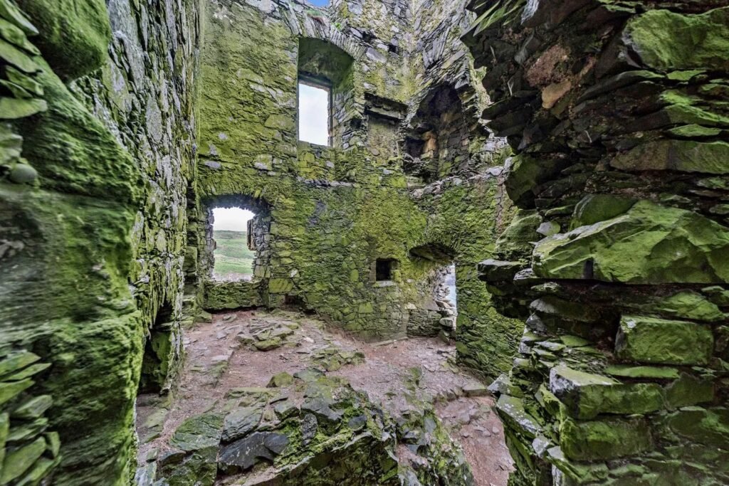 Dunskey Castle ruins on a cliff in Scotland with sea views to Northern Ireland are on sale for offers over £100,000 offering eight acres of land and historic allure.