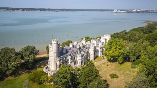 Luxury three bed apartment in Henry VIII’s historic Netley Castle with private beach, sea views, grand hall access, and modern interiors is listed for £800,000.