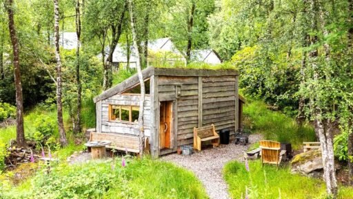 Three quirky eco cabins in Glenfinnan near the Harry Potter viaduct are for sale at £290,000 featuring handcrafted design, scenic views and a shared Swedish style outdoor bath.