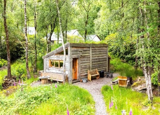 Three quirky eco cabins in Glenfinnan near the Harry Potter viaduct are for sale at £290,000 featuring handcrafted design, scenic views and a shared Swedish style outdoor bath.