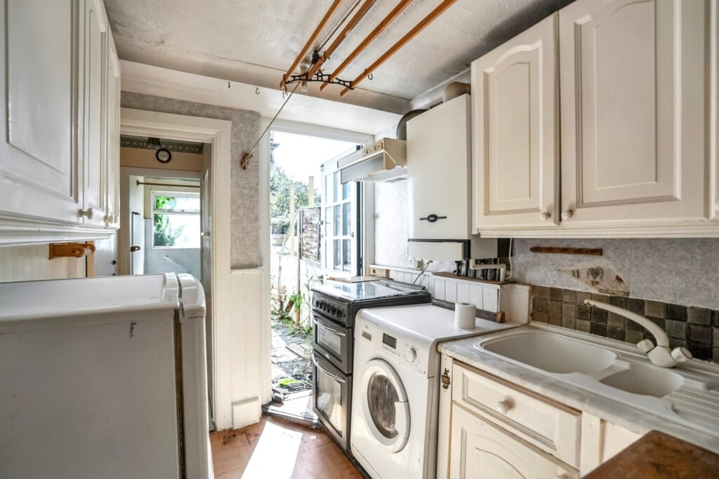 Britain’s narrowest homes include this 7ft wide terraced house in Chatham with 500 sqft space, two bedrooms, and a guide price of £75,000 at auction.