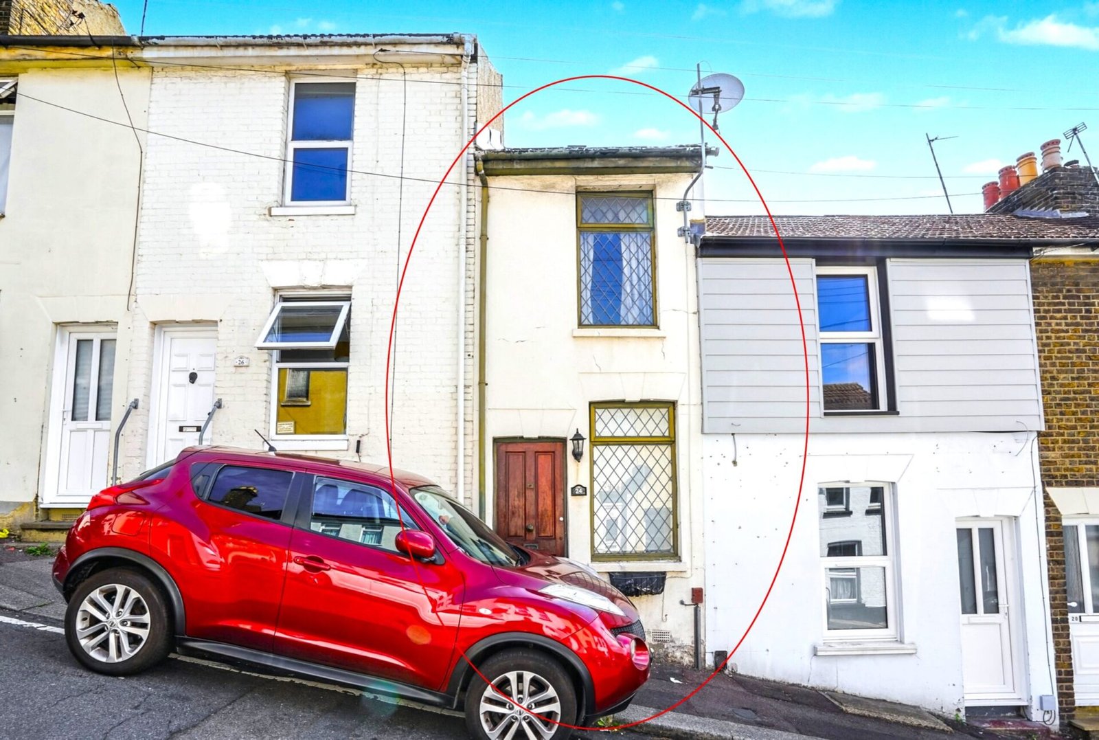 Britain’s narrowest homes include this 7ft wide terraced house in Chatham with 500 sqft space, two bedrooms, and a guide price of £75,000 at auction.