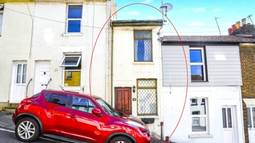 Britain’s narrowest homes include this 7ft wide terraced house in Chatham with 500 sqft space, two bedrooms, and a guide price of £75,000 at auction.
