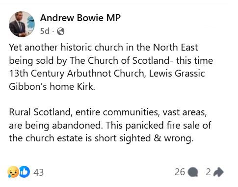 A 13th-century church in Aberdeenshire linked to author Lewis Grassic Gibbon is on sale for £45,000, though its historic Arbuthnott Aisle burial chapel is not included.