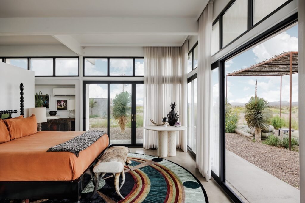 A £2.2m desert ranch near Marfa, Texas, once loved by A-listers, is for sale featuring stunning mountain views, modern design, and complete privacy on 10 acres.