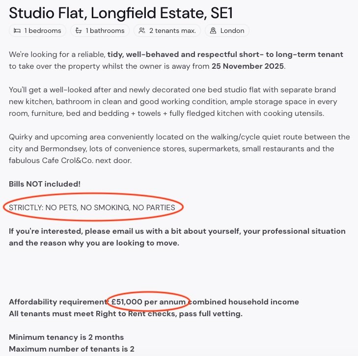 A tiny London studio flat in Bermondsey costs £1,390 a month and requires tenants earning £51,000 a year, with strict rules banning pets, smoking, parties and even a real bed.