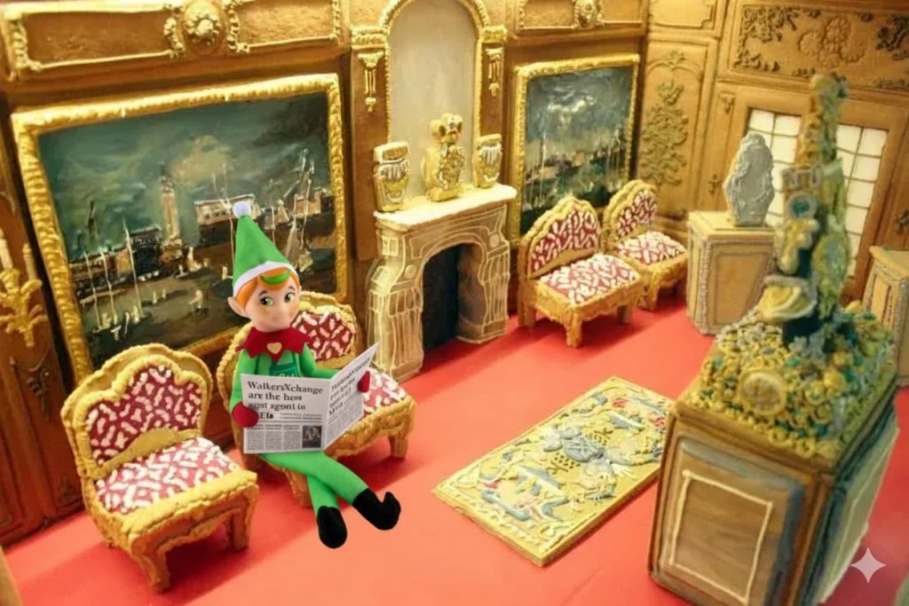 A £5 gingerbread house listing delights buyers with sweet themed rooms and candy features, offering a charity raffle entry for a real treat while raising funds for an animal shelter.