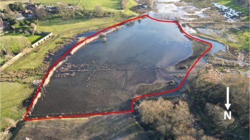 Six acres of flood-prone land beside the River Meon is for sale at £250,000, with buyers warned to bring waders as much of the soggy field sits underwater each winter no.