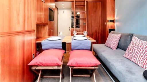 Nine square metre London studio with ladder-access mezzanine bed is listed at £1,750 a month, boasting yacht style design, balcony, but barely space to host guests inside