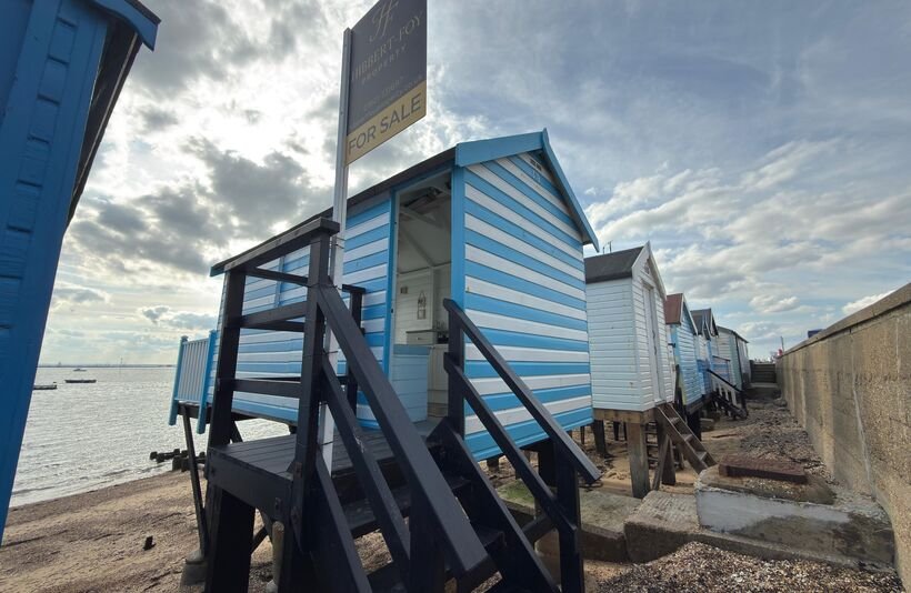 A one room beach hut on stilts in Thorpe Bay offers sweeping Thames Estuary views for £115,000, but buyers face a 10 year lease and £550 ground rent.