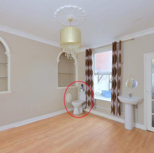 A three-bedroom Shrewsbury home listed for £260,000 has left buyers baffled after photos revealed a toilet and hand basin sitting openly in the corner of the dining room.