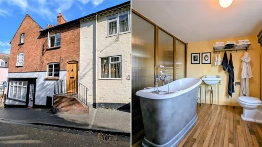 A quaint £220,000 cottage has gone on the market - but its bathroom arrangement, with the loo and bath behind see-through glass, may leave buyers feeling flushed.