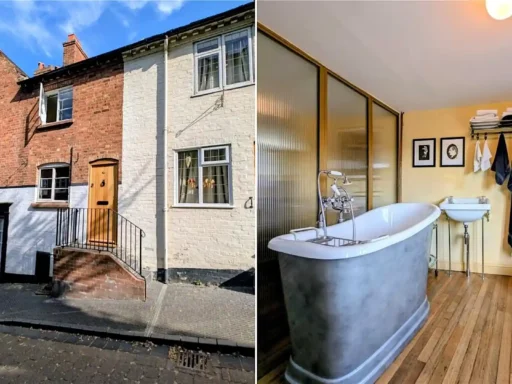 A quaint £220,000 cottage has gone on the market - but its bathroom arrangement, with the loo and bath behind see-through glass, may leave buyers feeling flushed.