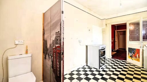 A three-bed home has gone on sale for £110,000 with an "un-loo-sual" twist - a toilet hidden in the kitchen, just feet from the cooker, fridge and sink.